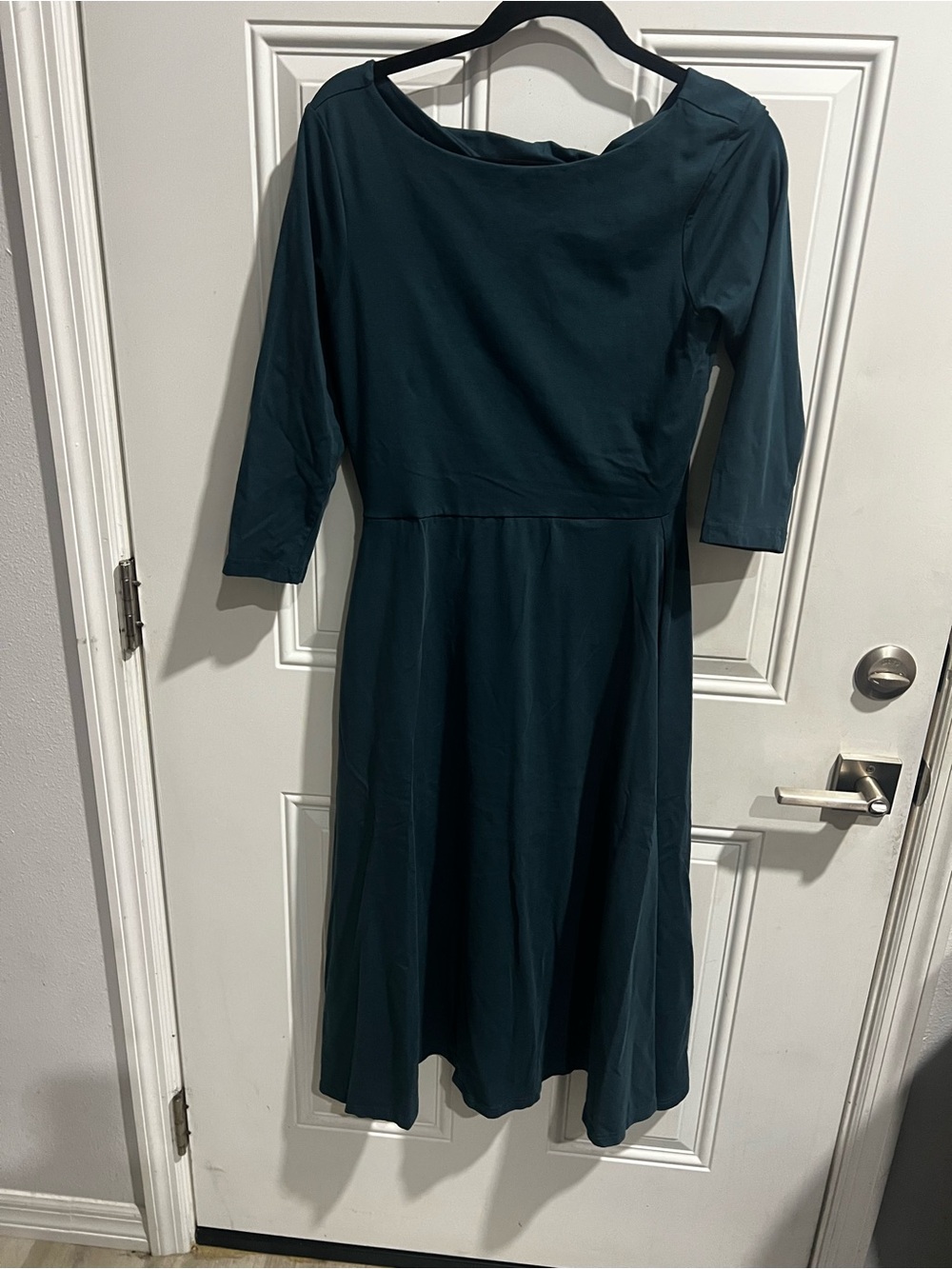 Classic Teal Fit-and-Flare Dress with Three-Quarter Sleeves
